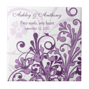 Carreau En Céramique Tuile de Mariage personnalisée violet blanc
