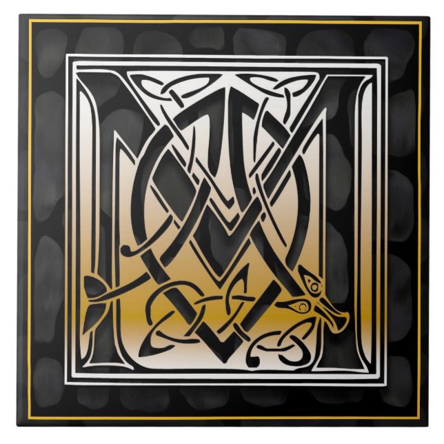 Carreau En Céramique Tuile noire celtique d'initiale de monogramme de (Devant)