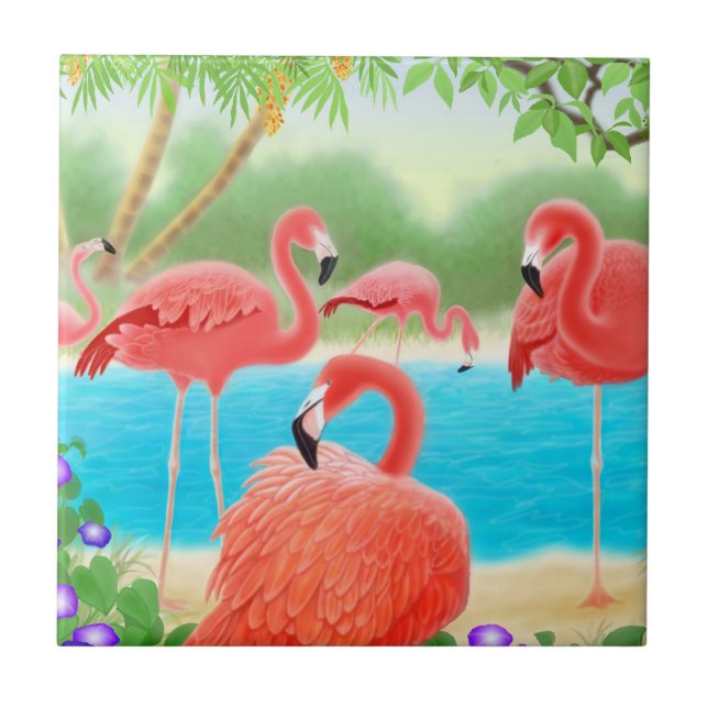 Carreau En Céramique Tuile rose tropicale d'oiseaux de Flamant rose (Devant)