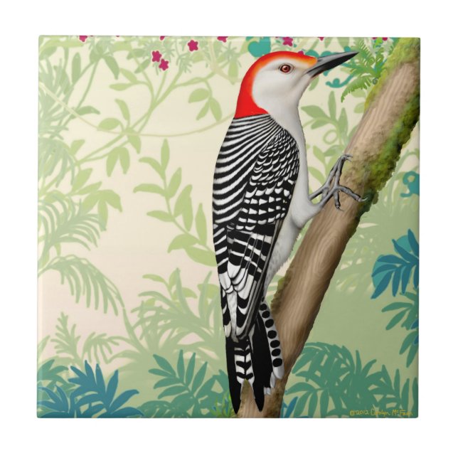Carreau En Céramique Tuile sauvage d'oiseau de pivert gonflée par rouge (Devant)