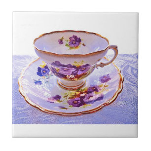 Carreau En Céramique Tuile vintage de tasse de thé de pensées pourpre