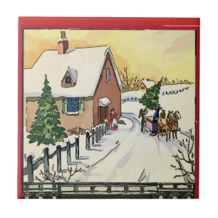Carreau En Céramique Tuiles vintages de neige de ferme de Noël