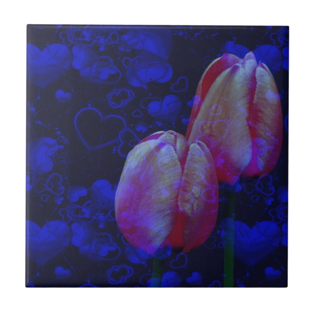 Carreau En Céramique Tulipes roses Coeurs Bleus Art Floral (Devant)