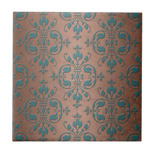 Carreau En Céramique Turquoise élégant sur Damas de cuivre brunâtre