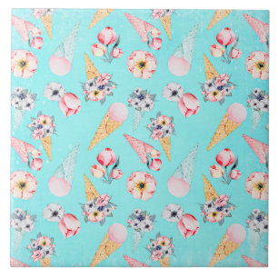 Carreau En Céramique Turquoise Été Fun Flower Ice Cream Cone - Motif
