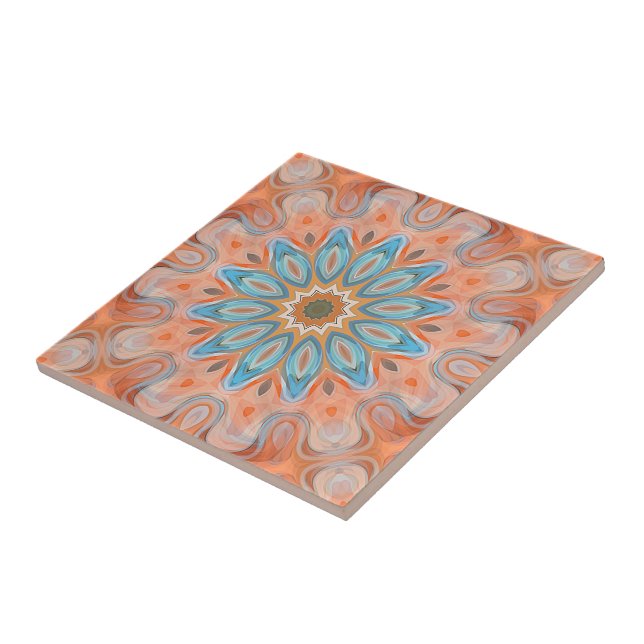 Carreau En Céramique Turquoise Peach Orange Red Mandala Motif Sun (Côté)
