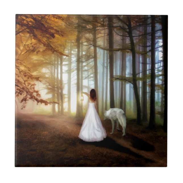 Carreau En Céramique Une femme marche avec un loup (Devant)