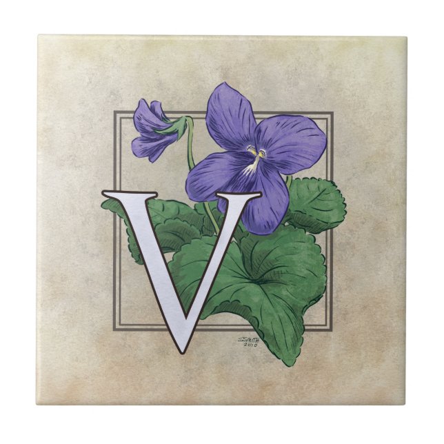 Carreau En Céramique V pour l'art du monogramme floral violet (Devant)
