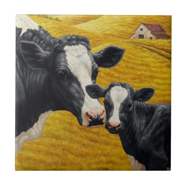 Carreau En Céramique Vaches Holstein et vieille grange en bois (Devant)