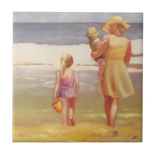 Carreau En Céramique Vagues de plage avec enfants et maman