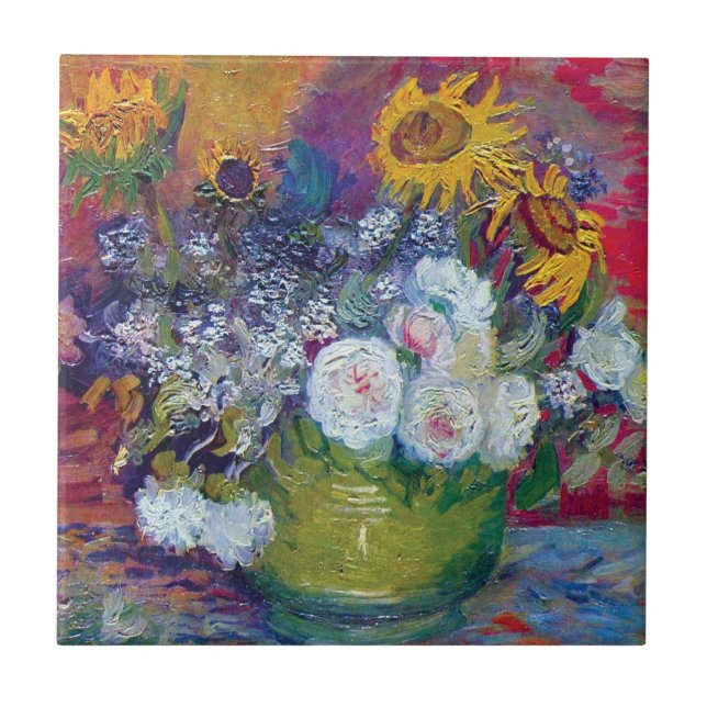 Carreau En Céramique Van Gogh - Vie Toujours Avec Roses Et Tournesols (Devant)