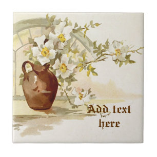 Carreau En Céramique Vase brun vintage avec aquarelle de roses blanches