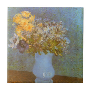 Carreau En Céramique Vase de Van Gogh avec lilas, marguerites, anémones