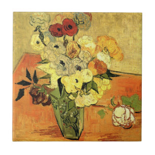 Carreau En Céramique Vase japonais, roses, anémones par Vincent van Gog
