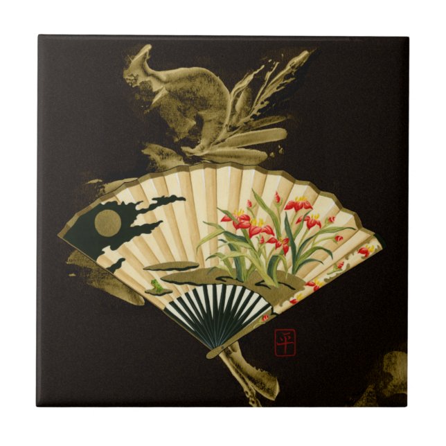 Carreau En Céramique Ventilateur oriental criblé au design floral (Devant)
