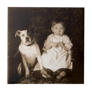 Carreau En Céramique vers 1910 pitbull et bébé