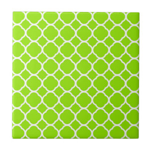 Carreau En Céramique Vert Citron Clair et Motif Quatrefeuilles Blanc