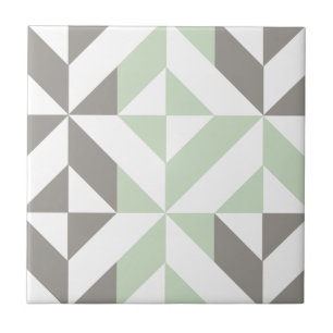 Carreau En Céramique Vert sauge et zigzag géométrique d'argent