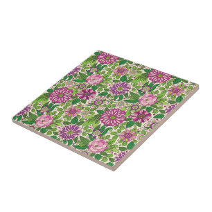 Carreau En Céramique Vert violet et beige Motif de fleurs rétro
