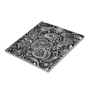 Carreau En Céramique Vignette noir et blanc Motif dentelle Paisley