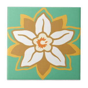 Carreau En Céramique Vintage Floral vert et jaune motif Jonquil