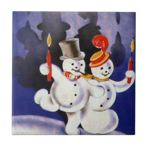 Carreau En Céramique Vintage Noël Dancing Snowmen avec bougies