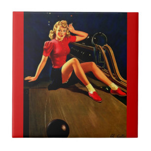 Carreau En Céramique Vintage Retro Al Buell Bowling Pin-up Girl