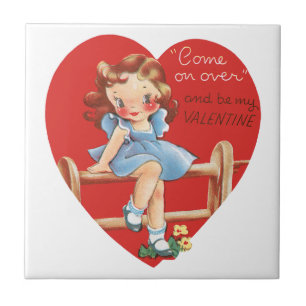 Carreau En Céramique Vintage Saint Valentin, Fille sur une clôture