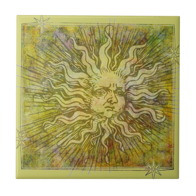 Carreau En Céramique Visage de soleil plein vintage (Devant)