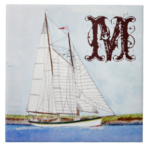 Carreau En Céramique Voilier Bateau Voilier Océan Monogramme Display Ti