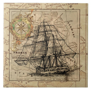Carreau En Céramique Voilier vintage et vieille carte européenne