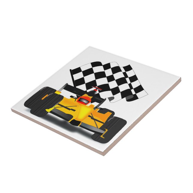 Carreau En Céramique Voiture de course jaune avec drapeau À damiers (Côté)
