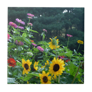 Carreau En Céramique Vue jardin tournesols marguerites verdure forêt