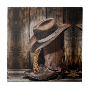 Carreau En Céramique western country brun grange bois cowboy bottes
