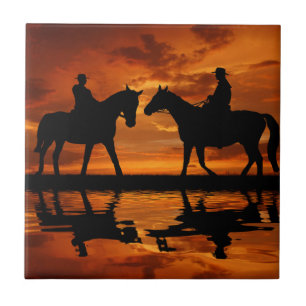 Carreau En Céramique Western Sunset Horseback équitation silhouette cow