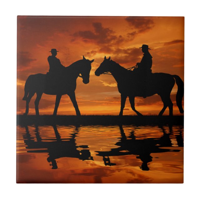 Carreau En Céramique Western Sunset Horseback équitation silhouette cow (Devant)