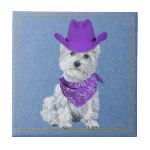 Carreau En Céramique Westie Cowboy sur Denim