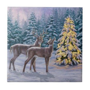Carreau En Céramique Whitetail Deer & Christmas Tree Scene hivernale