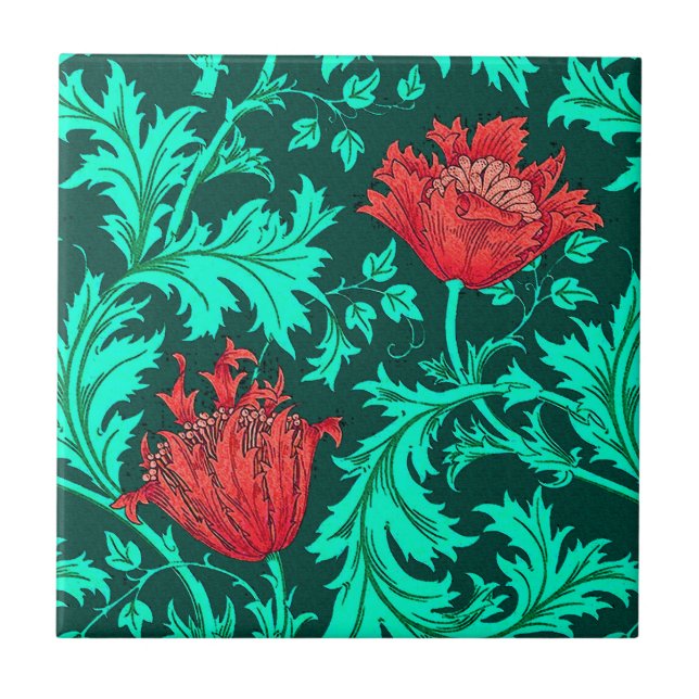 Carreau En Céramique William Morris Anemone, Deep Red et Turquoise (Devant)