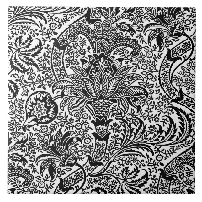 Carreau En Céramique William Morris indien, blanc et noir (Devant)