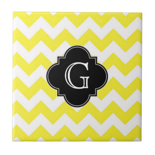 Carreau En Céramique Yellow Chevron ZigZag Blk Quatrefoil Monagram