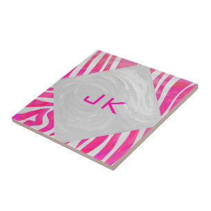 Carreau En Céramique Zebra Hot rose et blanc avec Monogramme
