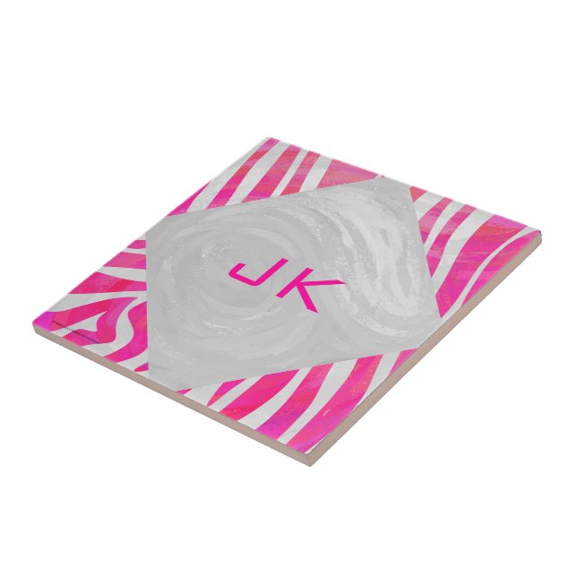 Carreau En Céramique Zebra Hot rose et blanc avec Monogramme (Côté)