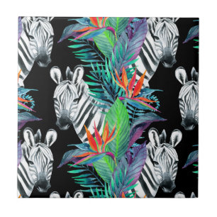 Carreau En Céramique Zèbre et motif de fleurs exotique