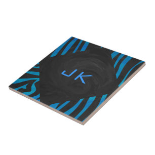 Carreau En Céramique Zèbre noir et bleu avec Monogramme