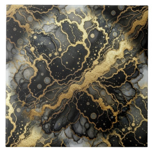 Carreau Encre Alcoolique Marbre Noir et Or de Luxe