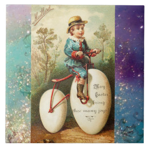 CARREAU ENFANT AVEC UN VÉLO D'ŒUF DE PÂQUES ET DES FLEURS 