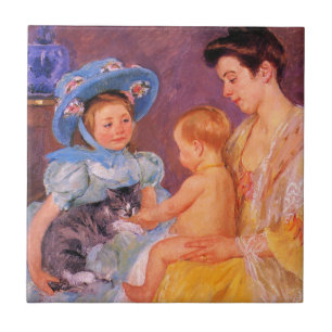 Carreau Enfants jouant avec un chaton mignon (Mary Cassatt