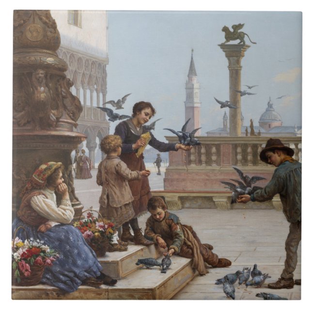 Carreau Enfants nourrissant des pigeons à Venise (par Paol (Devant)