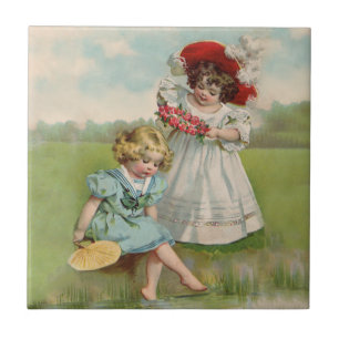 Carreau Enfants victoriens Vintage Été Filles Jardin